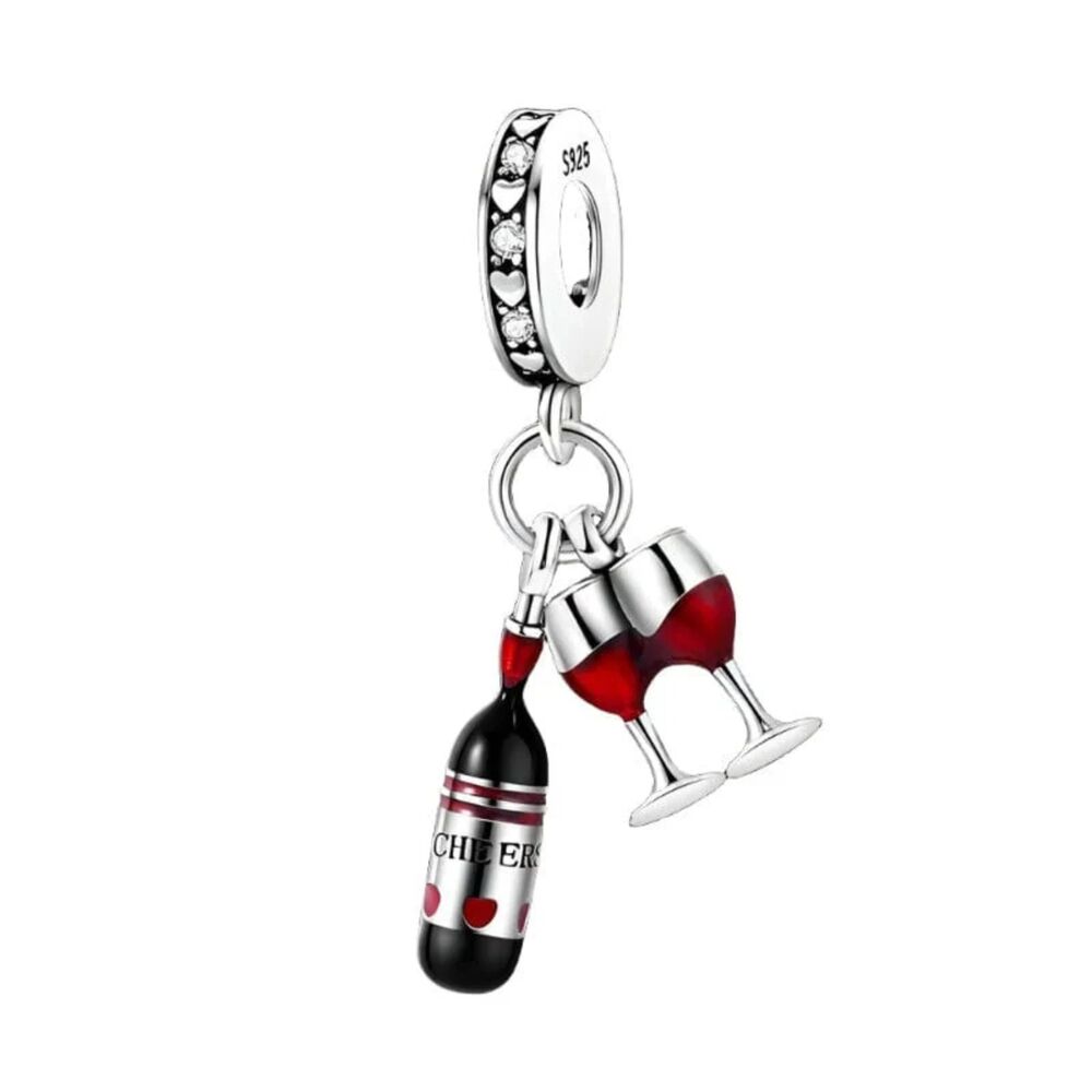 NWOT Pandora FIT Red Wine & Glasses Silver Dangle Charm